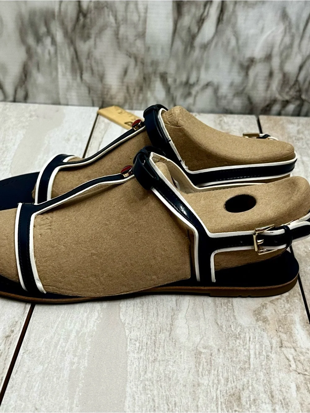 Tommy Hilfiger Navy White T-Strap Sandals Bow Red Logo Charm Nautical Preppy 9.5